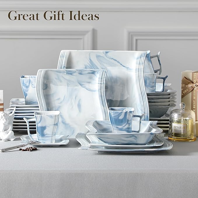 MALACASA Dinnerware Sets for 6, 30 Piece Porcelain Plates and Bowls Sets, Square Dish Set with Dinner Plate and Bowl, Cup and Saucer, Blue Dishes Dinnerware Set, Modern Dishware Sets, Series Flora