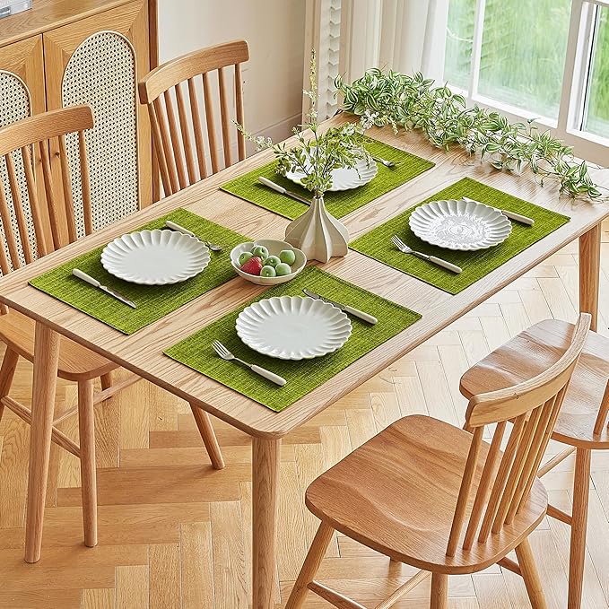 Softalker Faux Linen Placemats Set of 4-12 x 18 Inch, Heat Resistant Double Layered Durable Burlap Farmhouse Place Mats, Non-Slip Washable Rustic Table Mats for Dining, Kitchen, Party(Lime Green