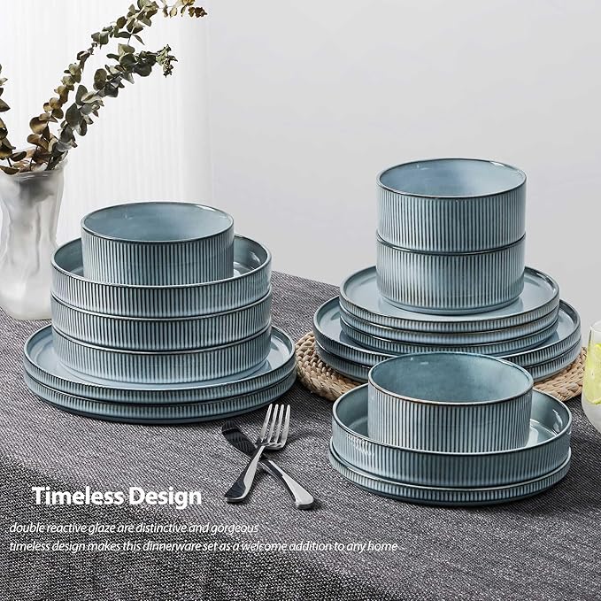 LIANYU Dinnerware Stoneware Sets with Pasta Bowls, 16 Piece Plates and Bowls Set for 4, Ribbed Dishes Set for Home, Microwave and Dishwasher Safe, Slate Blue