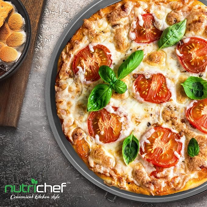 NutriChef 12.8 Inch Nonstick Pizza Pan for Oven - Carbon Steel Pizza Baking Tray with Airflow Holes - Premium Bakeware for Fresh & Frozen Pizza, Dishwasher Safe - Gray