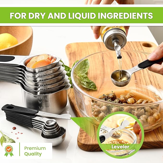 Spring Chef Magnetic Measuring Cups & Spoons Set (Patent Pending), Strong N45 Magnets, Heavy Duty Stainless Steel Fits in Spice Jars for Baking & Cooking, BPA Free, Round Set of 15 with Leveler, Black