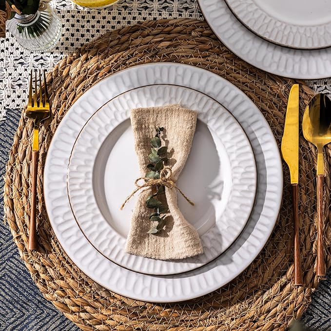 GBHOME Ceramic Dinnerware Sets, 24 pcs Embossed Elegant Stoneware Plates and Bowls Sets, Housewarming Wedding Gift | Dishwasher & Microwave Safe | Dishes Set Service for 8