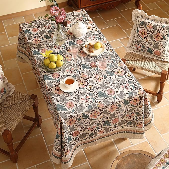 Floral Tablecloth for Rectangle Tables,Linen Table Cloth with Gray-Green Tone and Silver Lotus Pattern,Heavy Durable Table Cover for Dining Thanksgiving Kitchen Party Christmas,63"*110"