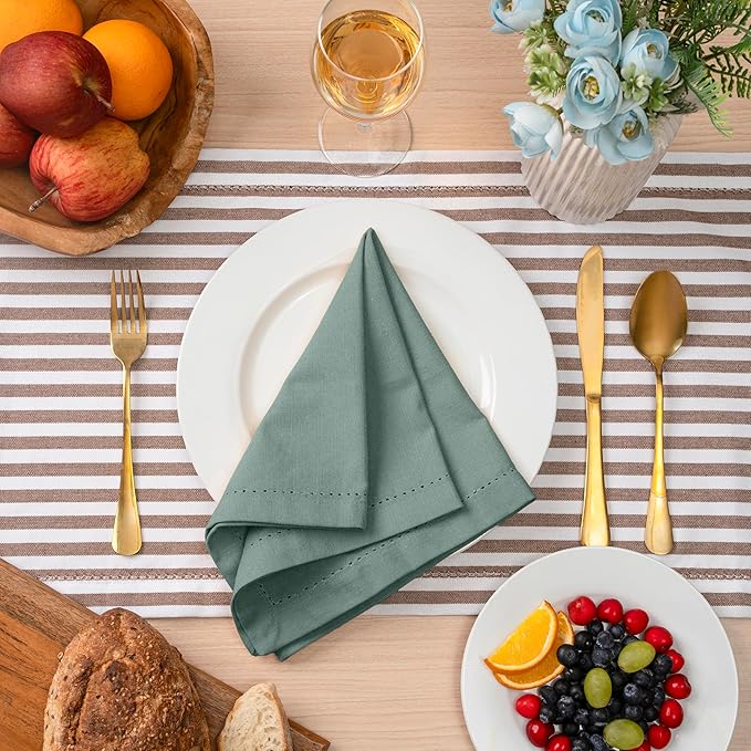 Blue Needles Set of 6 Hemstitch Linen Napkins 100% Cotton Hunter Green Cloth Dinner Napkins 18x18 inches, Soft, Reusable, Absorbent, Washable, Ideal for Fall Thanksgiving Events Parties & Everyday Use