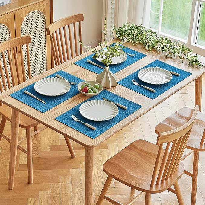 Softalker Faux Linen Placemats Set of 6-12 x 18 Inch, Heat Resistant Double Layered Durable Burlap Farmhouse Place Mats, Non-Slip Washable Rustic Table Mats for Dining, Kitchen, Party(Sky Blue