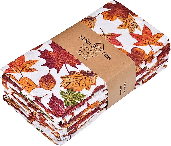 Urban Villa Cloth Napkins Leaves Print Dinner Napkins Set of 12 20X20 100% Cotton Absorbent Washable Durable Reusable Cloth Napkins Ideal for Farmhouse Party Thanksgiving Harvest Fall Dinner Napkins