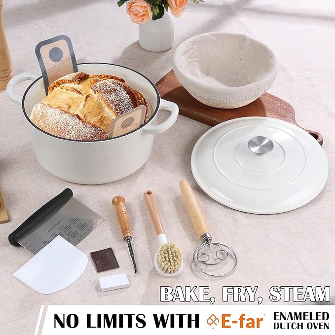 E-far Enameled Dutch Oven Pot for Bread Baking, 6QT Enameled Cast Iron Cookware with Self-Basting Lid & Sourdough Bread Baking Supplies, Heavy Duty Casserole Pot & Dual Handles-White