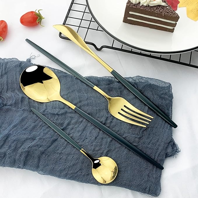 JASHII Flatware Serving Set 24 Piece, Stainless Steel Silverware Set, Green Gold Cutlery Set, Modern Elegant Tableware Set for Party, Christmas, Dinner (Green Gold)