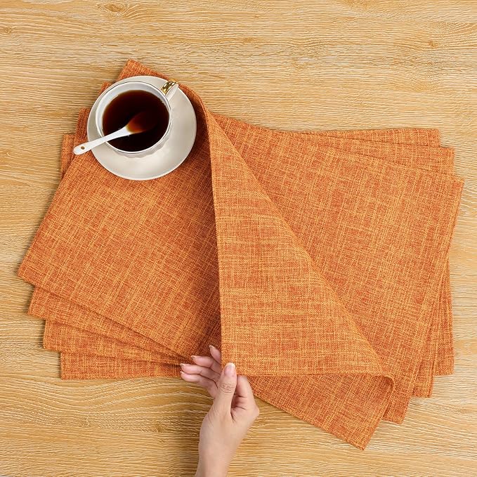 SHACOS Fall Placemats Set of 4 Washable Cloth Double Layer Thick Faux Linen Fabric Table Place Mats Non Slip Table Mats for Thanksgiving Indoor Outdoor, Orange