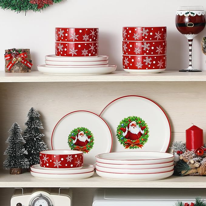 MALACASA Plates and Bowls Sets, 18 Pieces Christmas Porcelain Dinnerware Set for 6, Ceramic Dishware Dishes Kitchen Dinner Dining Ware Set, Microwave and Dishwasher Safe, Series LUNA-Santa Claus