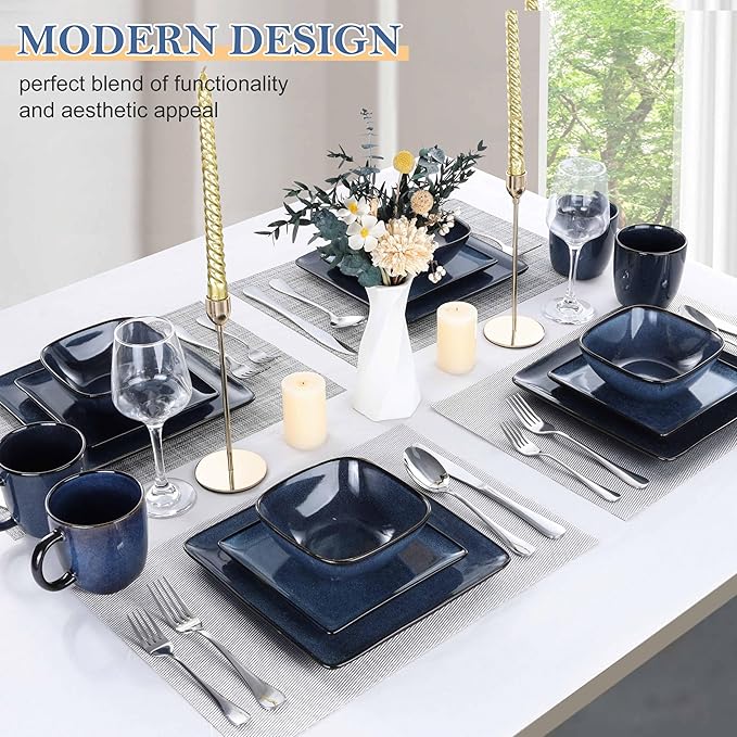 LIANYU 16 Piece Square Dinnerware Sets with Coffee Cups, Ceramic Plates and Bowls Sets for 4, Dinner Dishes for Kitchen Dining, Microwave & Dishwasher Safe, Sapphire Blue