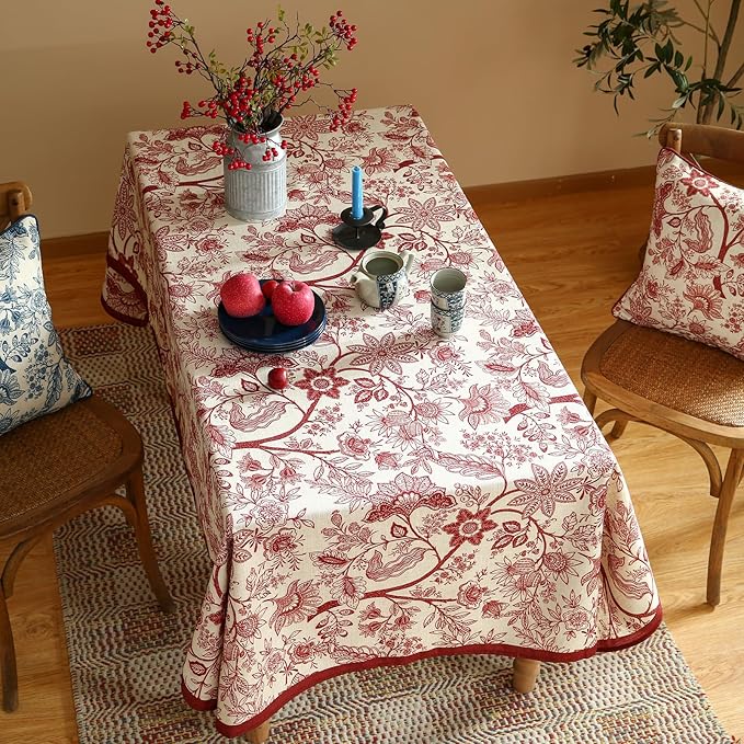 French Tablecloth for Rectangle Tables,Linen Table Cloth with Red Flowers Pattern,Heavy Durable Table Cover for Dining Thanksgiving Kitchen Decor Party Christmas,55"*79"