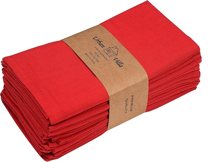 Urban Villa Cloth Napkins 100% Cotton Slub Absorbent Dinner Napkins (Set of 12) Oversized 20x20 Inches Solid Red Color Soft Durable Reusable Washable Ideal for Everyday Use Wedding Parties
