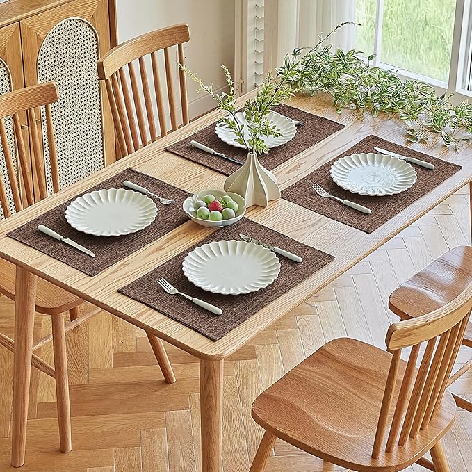 Softalker Faux Linen Placemats Set of 8-12 x 18 Inch, Heat Resistant Double Layered Durable Burlap Farmhouse Place Mats, Non-Slip Washable Rustic Table Mats for Dining, Kitchen, Party(Dark Brown