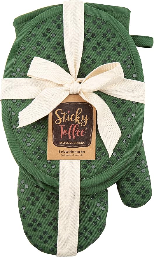 Sticky Toffee Oven Mitt and Pot Holder Set of 3 – Dark Green Non-Slip Silicone Kitchen Hot Pads and Mitts, 100% Cotton Shell, Oeko-Tex Cotton
