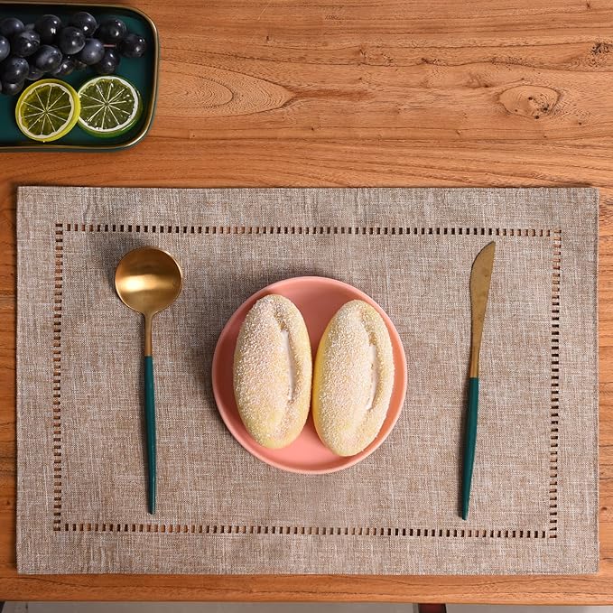 Tosewever Set of 4 Decorative Linen Placemats 12 x 18 Inches, Farmhouse Style Table Mats for Everyday Dining Wedding Party Holiday Home Decor (4 Pieces 12 x 18”, Light Coffee/Straight)