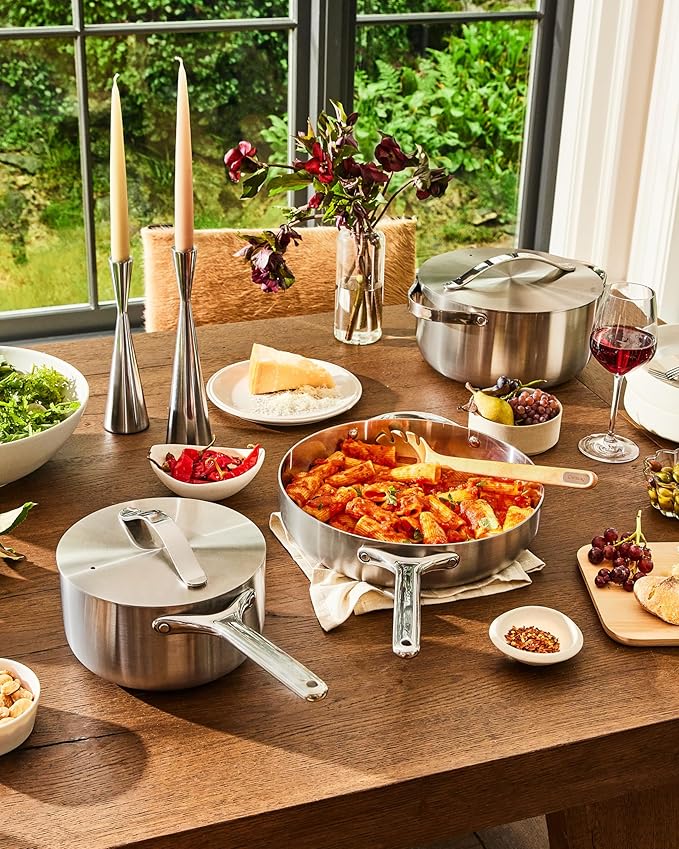 Caraway Stainless Steel Cookware Set – 12 Piece 5-Ply Stainless Steel Pots and Pans Set - Includes Fry, Sauce, Sauté Pan, Dutch Oven, and Space-Saving Storage - Non Toxic, PTFE & PFOA Free