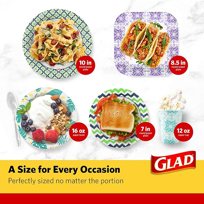 Glad Square Disposable Paper Plates for All Occasions | New & Improved Quality | Soak Proof, Cut Proof, Microwaveable Heavy Duty Disposable Plates | 10" Diameter, 50 Count Bulk Paper Plates