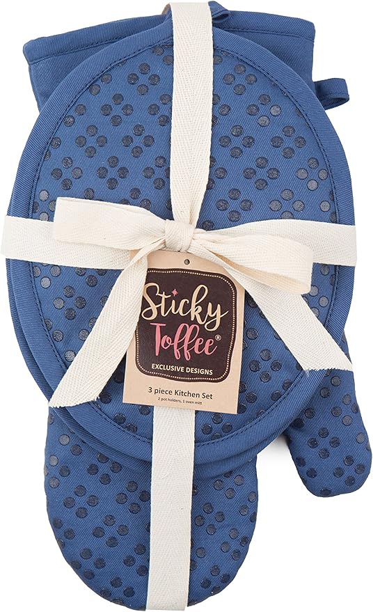 Sticky Toffee Oven Mitt and Pot Holder Set of 3 – Dark Blue Non-Slip Silicone Kitchen Hot Pads and Mitts, 100% Cotton Shell, Oeko-Tex Cotton