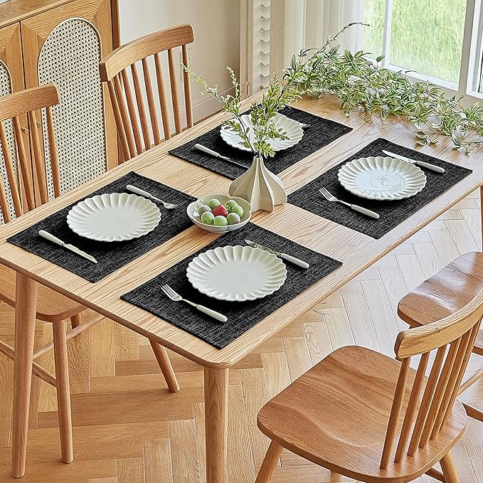 Softalker Faux Linen Placemats Set of 4-12 x 18 Inch, Heat Resistant Double Layered Durable Burlap Farmhouse Place Mats, Non-Slip Washable Rustic Table Mats for Dining, Kitchen, Party(Black
