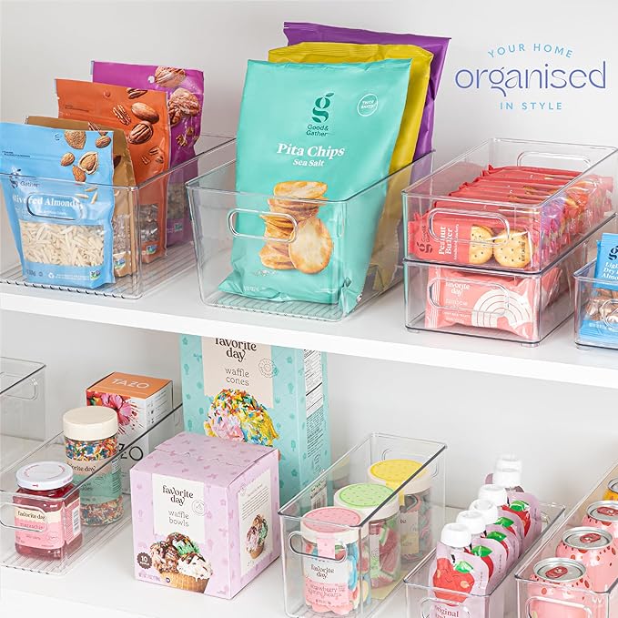 Plastic Food Storage Clear Container Bin with Handles for Organizing Kitchen, Pantry, Refrigerator, Freezer, Pantry, Cabinet, Closet, Bathroom. 10”x4”x5”