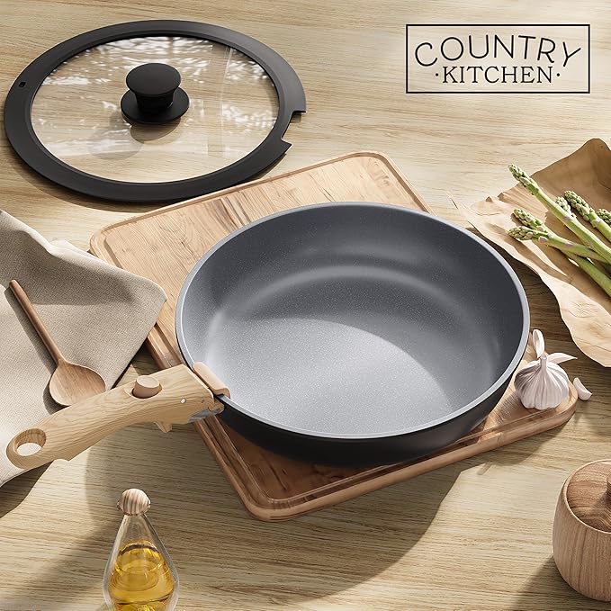 Country Kitchen Cookware Set with Removable Handle, Oven & RV Safe Pots and Pans Set, Black/Grey Wood Handle, Original