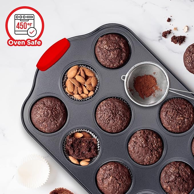 Baking Set – 10 Piece Kitchen Oven Bakeware Set – Deluxe Non-Stick Blue Coating Inside and Outside – Carbon Steel – Red Silicone Handles – PFOA PFOS and PTFE Free by Bakken,Black