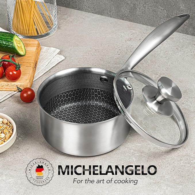 MICHELANGELO 1 Quart Saucepan with Lid, Premium Triple Ply Stainless Steel Sauce Pan with Lid, Small Saucepan with Honeycomb Interior - 1QT