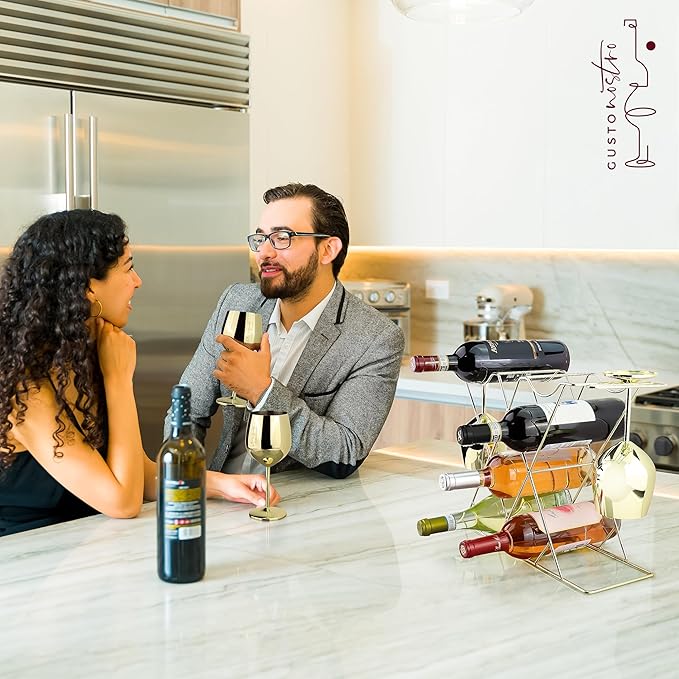 Gusto Nostro Countertop Wine Rack with Glass Holder for 8 Bottles & 4 Glasses - Tabletop Modern Small Wine Rack for Home Kitchen Cabinet Wine Cellar Storage - No Assembly Wine Bottle Holder (Gold)