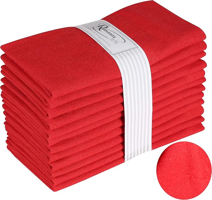 Ramanta Home Red Cotton Dinner Napkins Set of 12 | 100% Cotton 18x18 Inch Cloth Napkins | Reusable Fabric Table Napkins for Everyday Use, Parties, Weddings, Thanksgiving, Christmas, Halloween