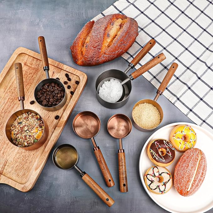 Measuring Cup with Wooden Handle, 1/4 Cup Titanium-plating 60 Ml Stainless Steel, Rose Gold