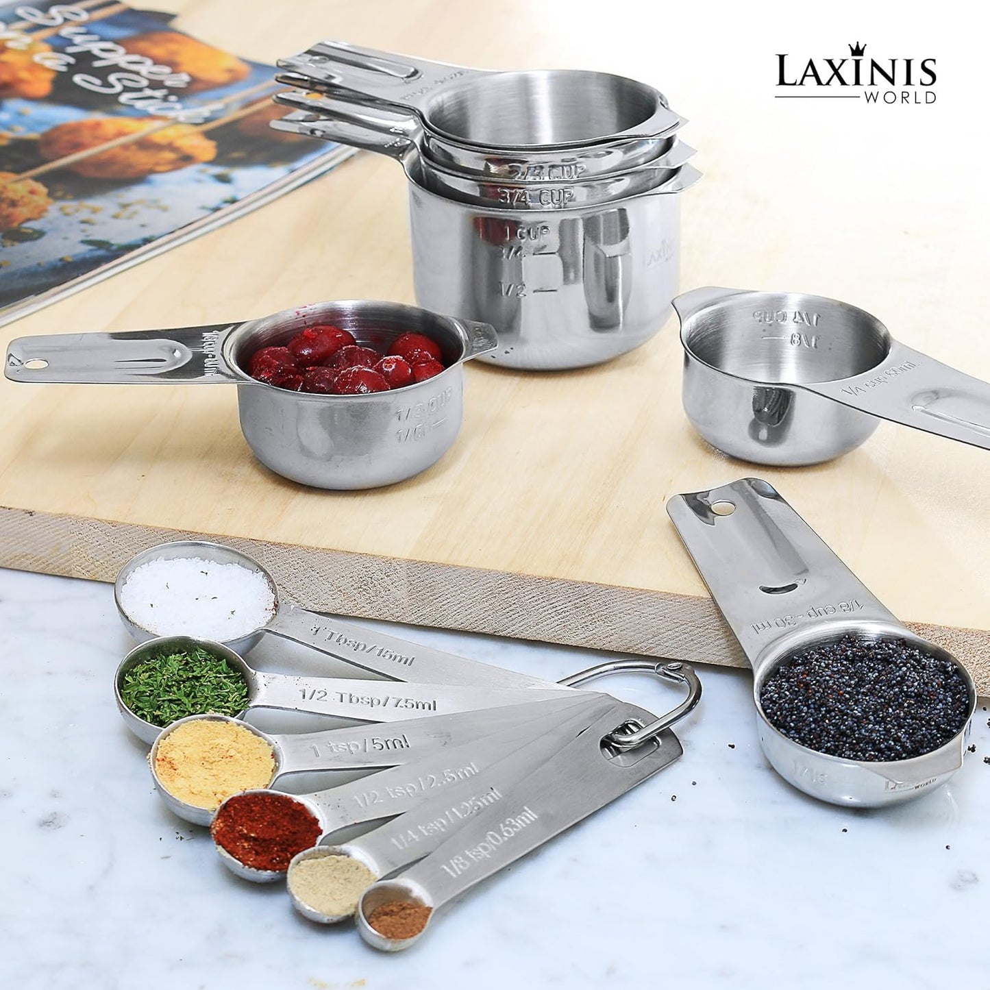 Measuring Cups and Spoons Set - Premium 13-Piece Stainless Steel, 7 Cups & 6 Spoons, Stackable, Ideal for Accurate Liquid and Dry Ingredient Measurement. By Laxinis World