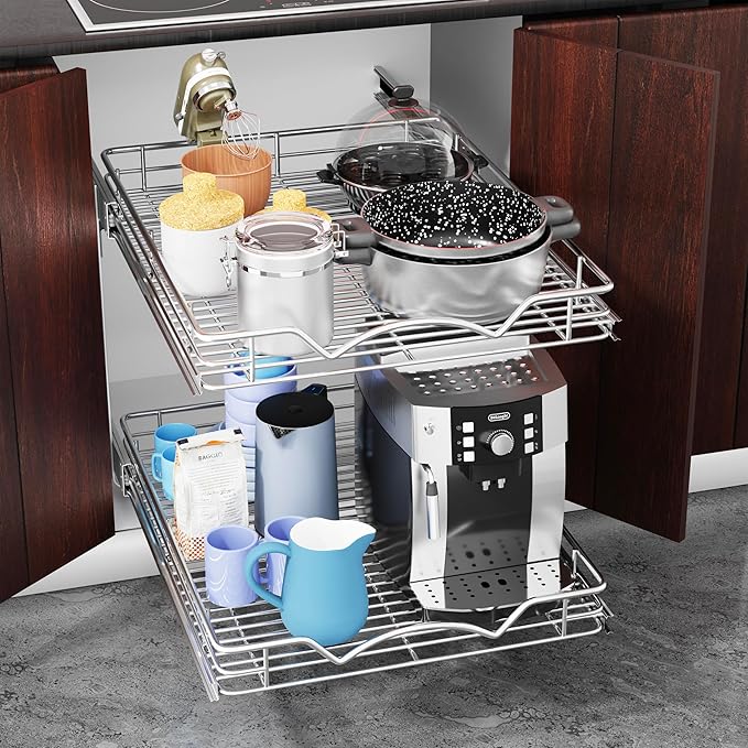 HOLDN’ STORAGE Two Tier Pull Out Cabinet Organizer, Individual Sliding Drawers - Heavy Duty Metal with Lifetime Limited Warranty - Anti Rust Chrome Finish - 11" W x 21”D x 16.5" H