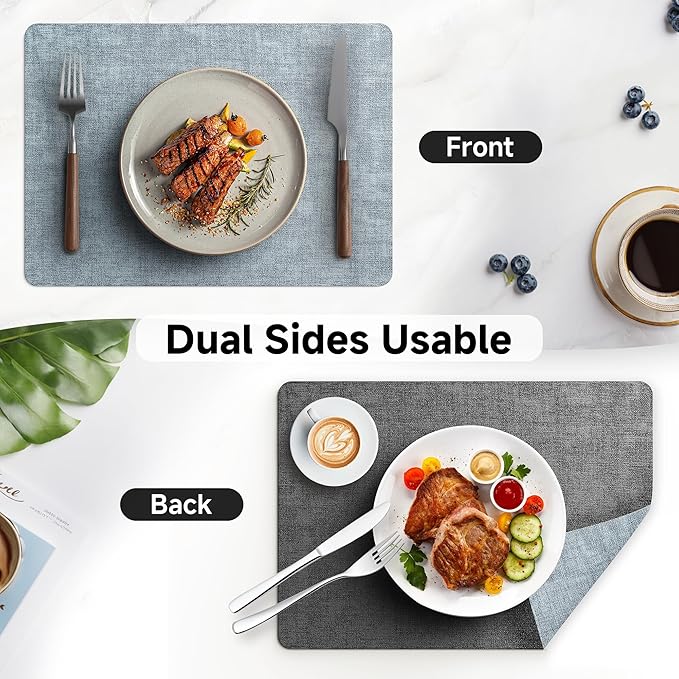 Faux Leather Vinyl Placemats Set of 6 Wipeable Heat Resistant Place Mats 100% Washable - Waterproof - Anti Slip Reversible Table Mats for Kitchen/Dining/Party/Outdoor, 12" x 16.5", Light Blue & Black