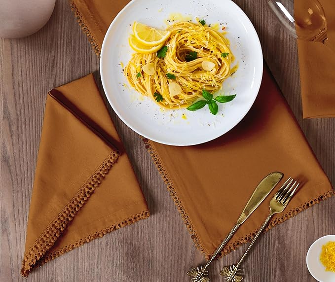 Bedding Craft Cotton Cloth Dinner Napkins Set of 12 – 18x18 Desert Sun with Decorative Lace Selvedge – Durable Machine Washable Fabric Napkins for Weddings, Baby Showers, Parties & Dining