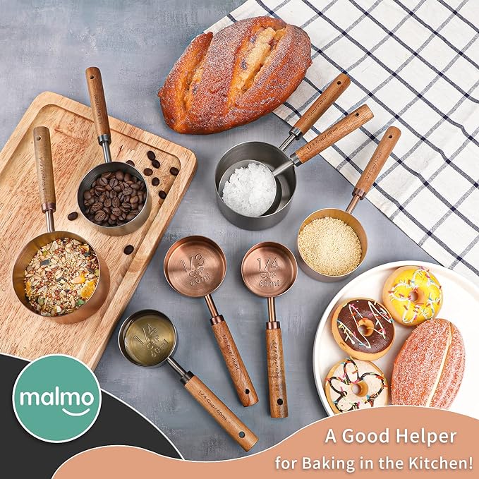 Measuring Cup with Wooden Handle, 3/4 Cup Titanium-plating 180ml Stainless Steel, Dog Food Scoop, Rose Gold