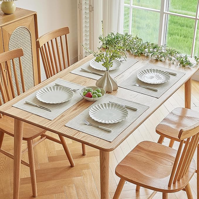 Softalker Faux Linen Placemats Set of 8-12 x 18 Inch, Heat Resistant Double Layered Durable Burlap Farmhouse Place Mats, Non-Slip Washable Rustic Table Mats for Dining, Kitchen, Party(Cream