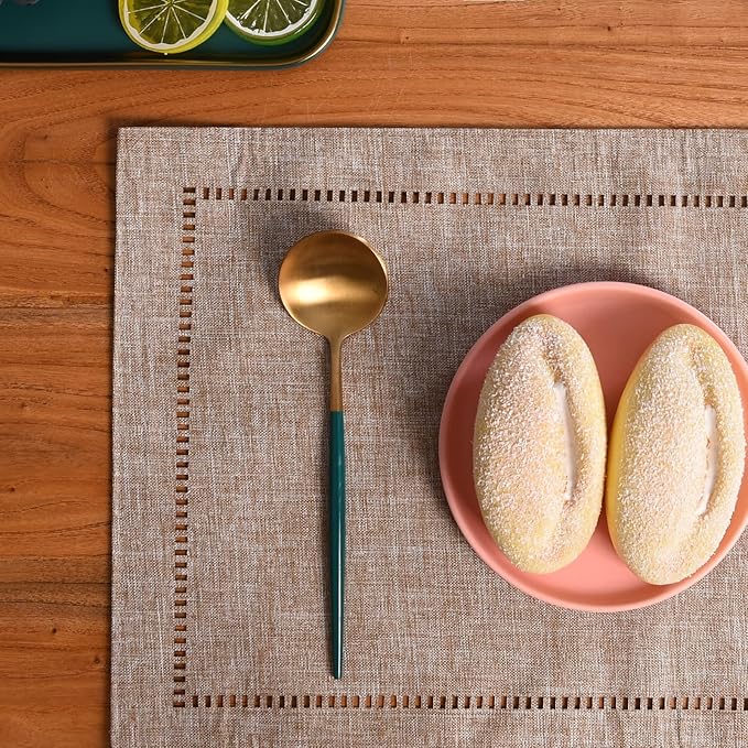 Tosewever Set of 6 Decorative Linen Placemats 12 x 18 Inches, Farmhouse Style Table Mats for Everyday Dining Wedding Party Holiday Home Decor (6 Pieces 12 x 18”, Light Coffee/Straight)