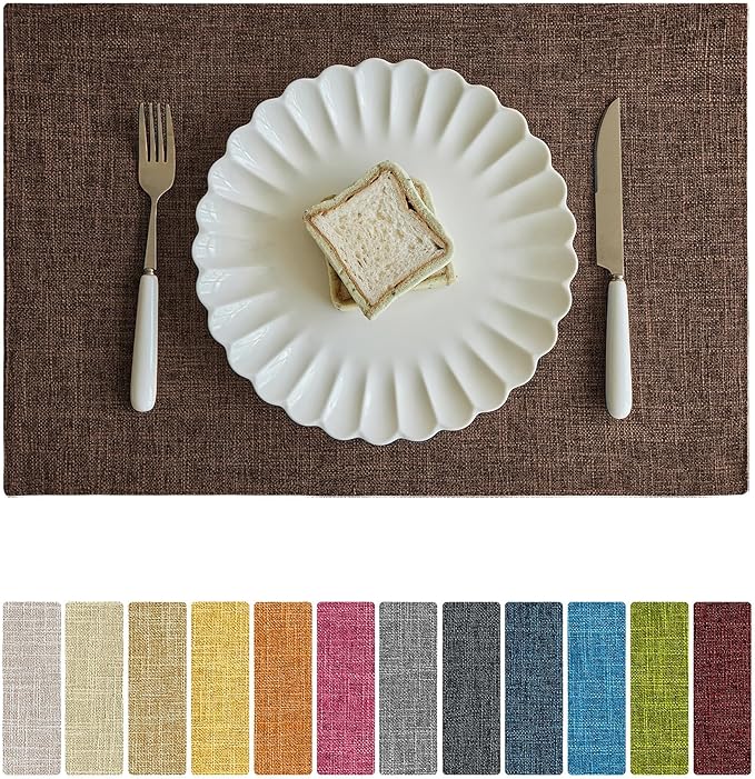 Softalker Faux Linen Placemats Set of 12-12 x 18 Inch, Heat Resistant Double Layered Durable Burlap Farmhouse Place Mats, Non-Slip Washable Rustic Table Mats for Dining, Kitchen, Party(Dark Brown
