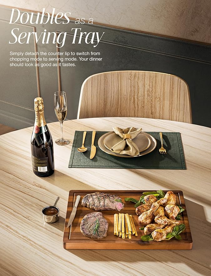 Teak Wood Cutting Board with Lip - 16” x 12” Wooden Chopping Boards for Kitchen - Serving Platter, Pastry Board, Wooden Cutting Board with Counter Lip, Handles - Teak, Juice Groove, Removable