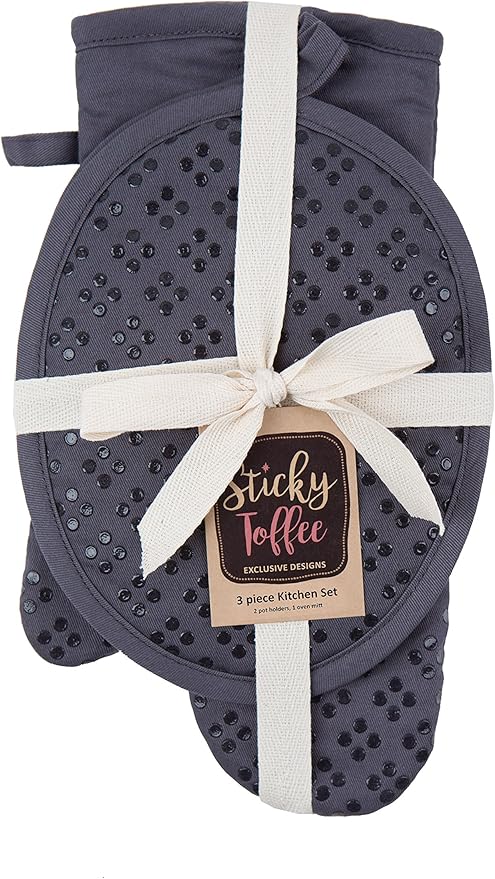 Sticky Toffee Oven Mitt and Pot Holder Set of 3 – Gray Non-Slip Kitchen Hot Pads and Mitts with Silicone Grip, 100% Cotton Shell, Oeko-Tex Cotton