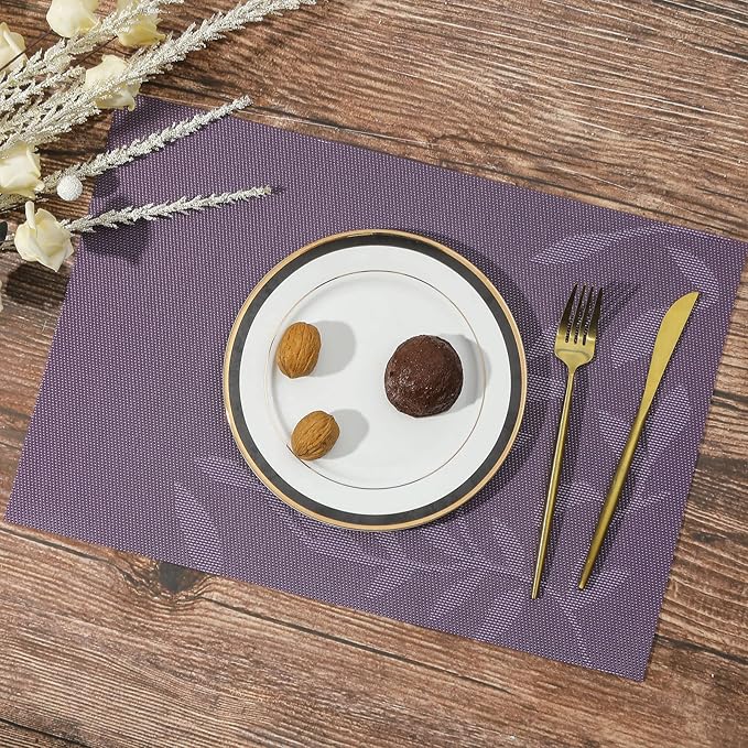 SHACOS Woven Vinyl Placemats Set of 4 Purple Leaf Pattern Place Mats Wipe Clean Durable PVC Heat Resistant Table Mats (4, Leaf Purple)