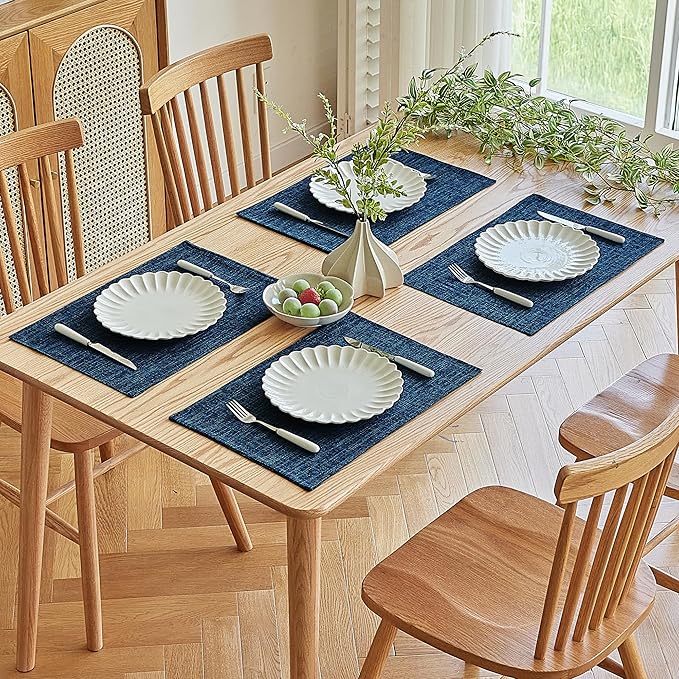 Softalker Faux Linen Placemats Set of 6-12 x 18 Inch, Heat Resistant Double Layered Durable Burlap Farmhouse Place Mats, Non-Slip Washable Rustic Table Mats for Dining, Kitchen, Party(Navy Blue