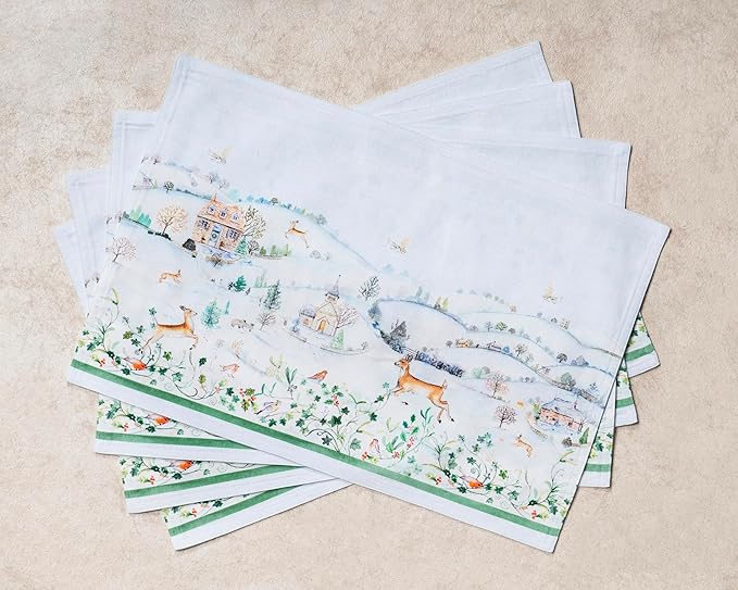 Maison d' Hermine Placemats Set of 4 100% Cotton Washable Cloth Place Mats, Reusable Table Mats for Thanksgiving Christmas Decorations Kitchen Dining Party Wedding Restaurant (Snowy World, 13" x 19")