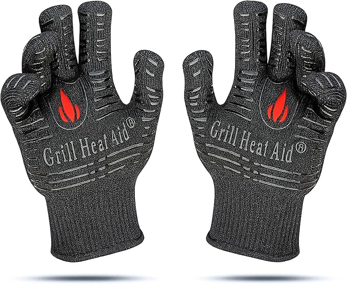 GRILL HEAT AID BBQ Grill Gloves 1472°F - Extreme Heat Resistant Oven Mitts for Grilling, Smoker & Fire Pit with Silicone Grip & EN407 Cut Resistance - Short Cuff, Black