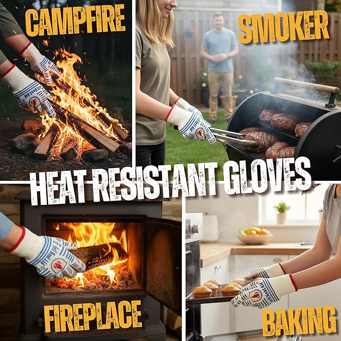 GRILL HEAT AID BBQ Grill Gloves 1472°F - Extreme Heat Resistant Oven Mitts for Grilling, Smoker & Fire Pit with Silicone Grip & EN407 Cut Resistance - Short Cuff, White & Blue