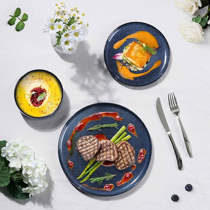 Herogo 12 Pieces Dinnerware Set Stoneware Service for 4, Dinner Plates and Bowls Sets, Double Reactive Glaze Dishes Set for Kitchen, Scratch Resistant, Microwave & Dishwasher Safe, Starry Blue
