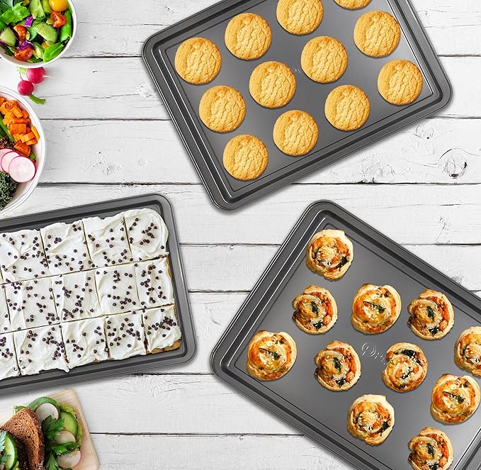 PERLLI Non-Stick 3-Piece Baking Pan Set, BPA-Free Gray Carbon Steel Bakeware Set, Stackable Kitchen Oven Set, Cookie Sheet, Baking Tray, Baking Sheet Set, Oven Safe (446°F)