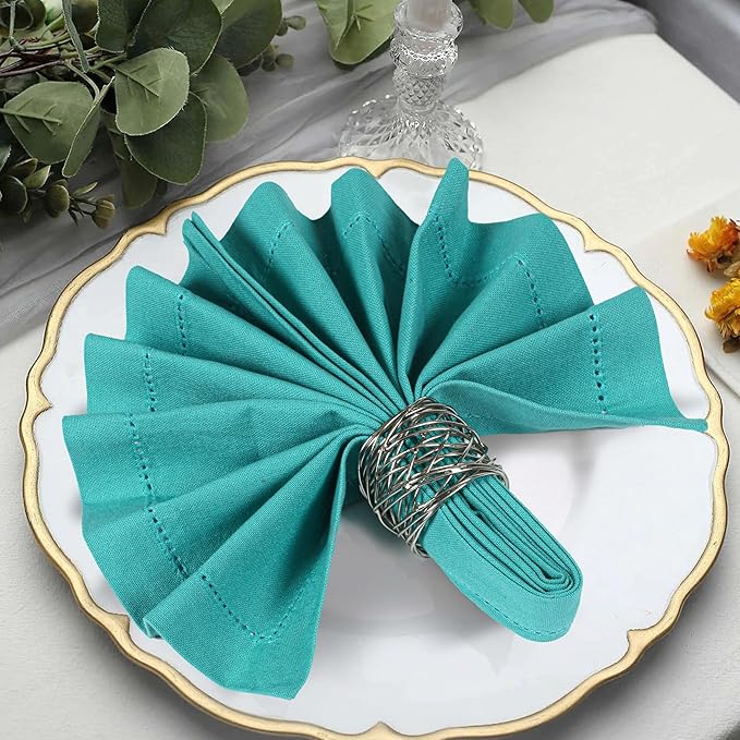 Bedding Craft Cotton Cloth Dinner Napkins Set of 12 – 18x18 Latigo Bay Teal with Hemstitched Mitered Corners – Machine Washable Reusable Napkins for Weddings, Parties & Daily Use