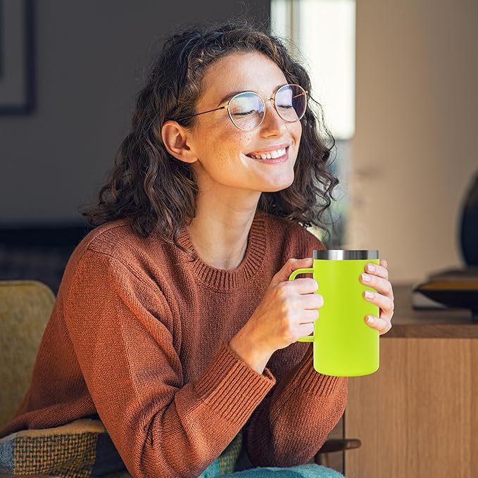 DOMICARE 24oz Mug with Handle and Lid, Stainless Steel Coffee Mug, Travel Mug with Handle, Double Wall Vacuum Coffee Tumbler, Reusable Insulated Cup, Light Green, Pack 8